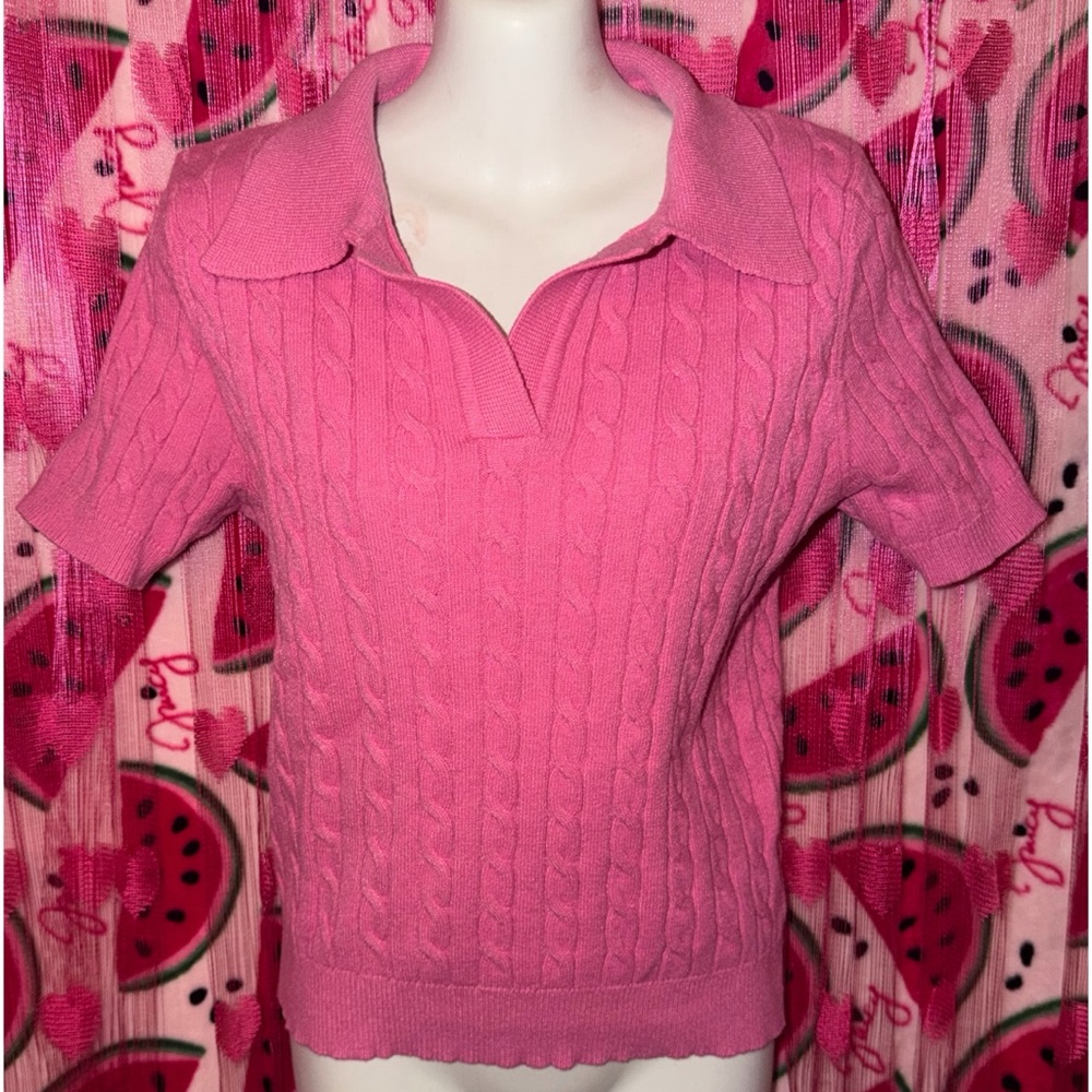 🩷 Short Sleeved Cable Knit Collared Sweater